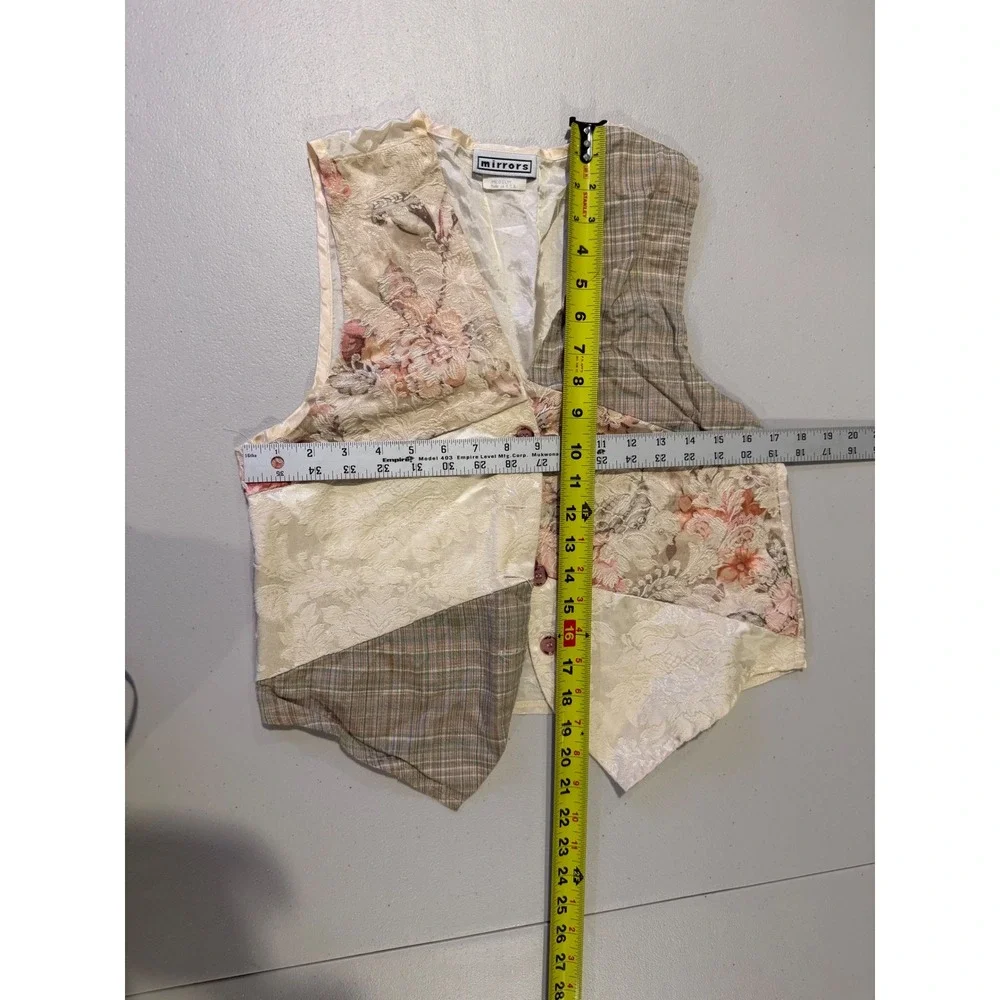Vintage Mirrors Patchwork Floral Brocade Plaid Vest Tan Cream Medium Made in USA